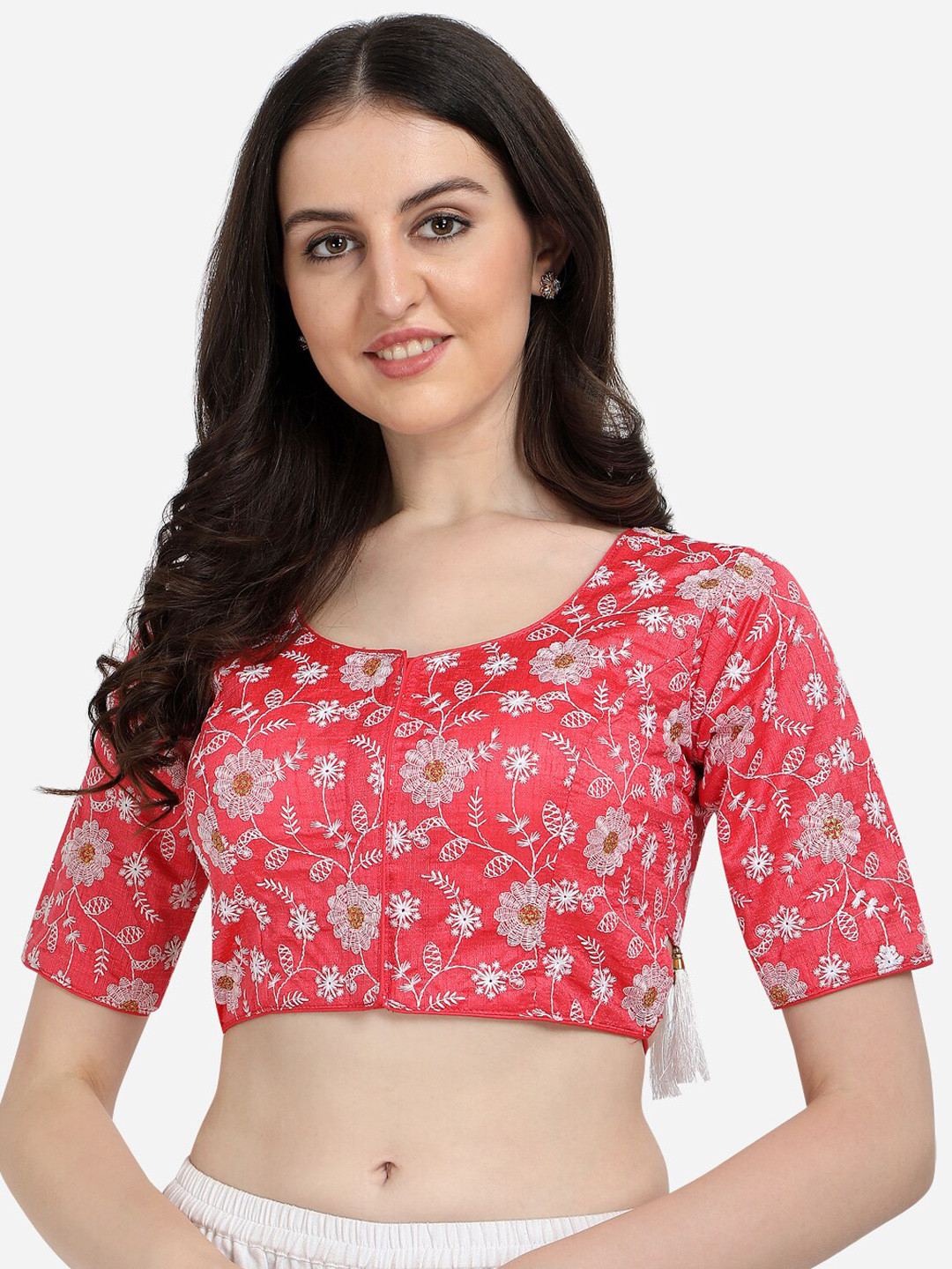 

Fab Viva Women Peach Colored Embroidered Silk Saree Blouse