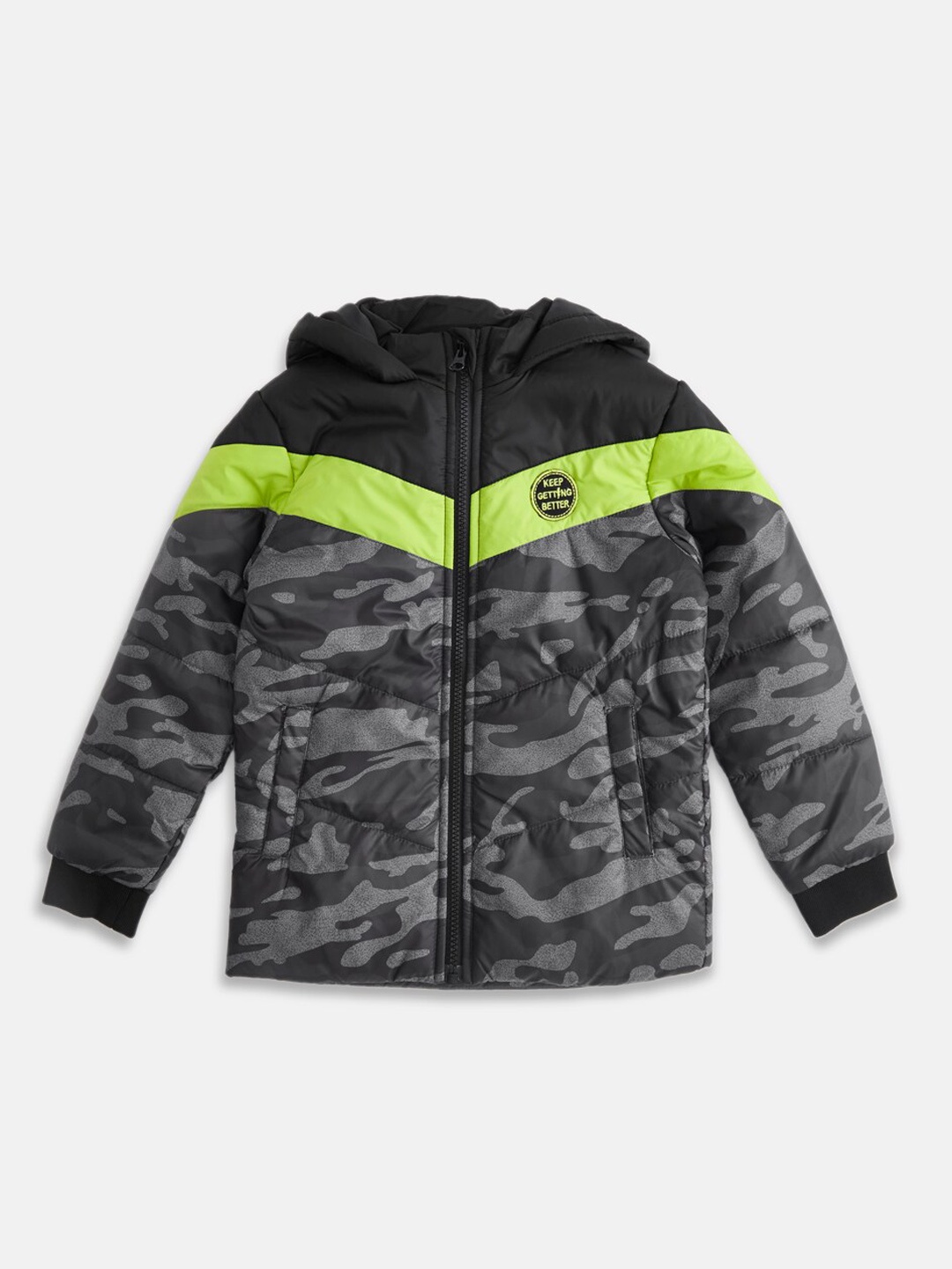 

Pantaloons Junior Boys Black Green Camouflage Padded Jacket with Patchwork