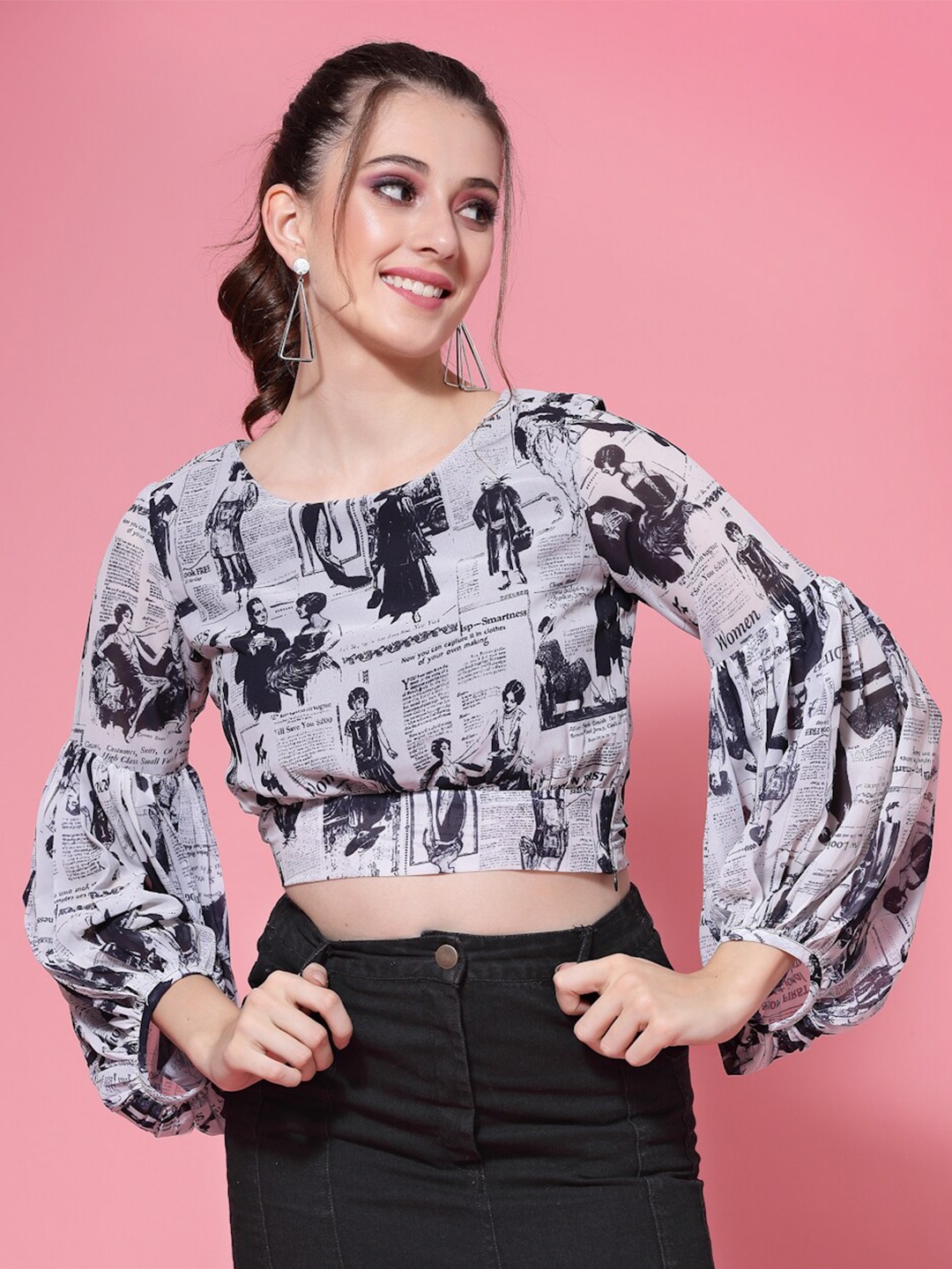 KASSUALLY White Typography Printed Georgette Knot Crop Top