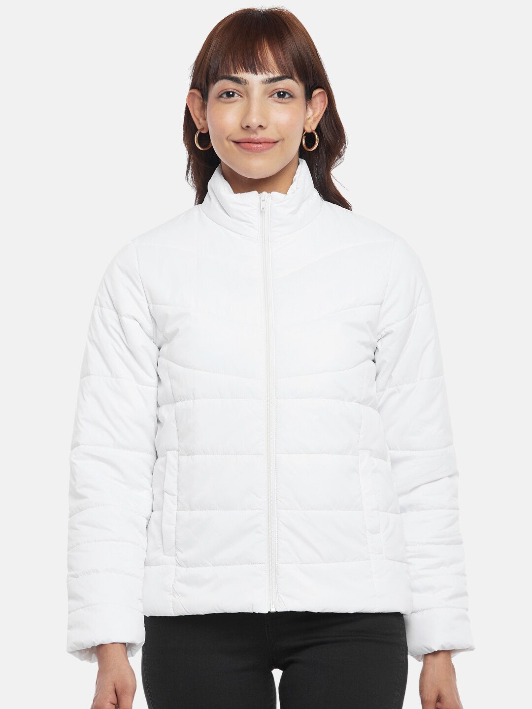 

People Women Off White Cotton Solid Puffer Jacket