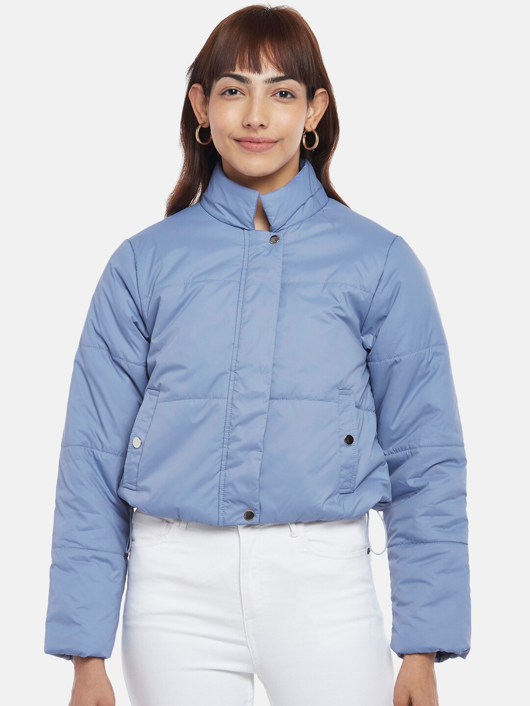 

People Women Blue Cotton Solid Crop Puffer Jacket