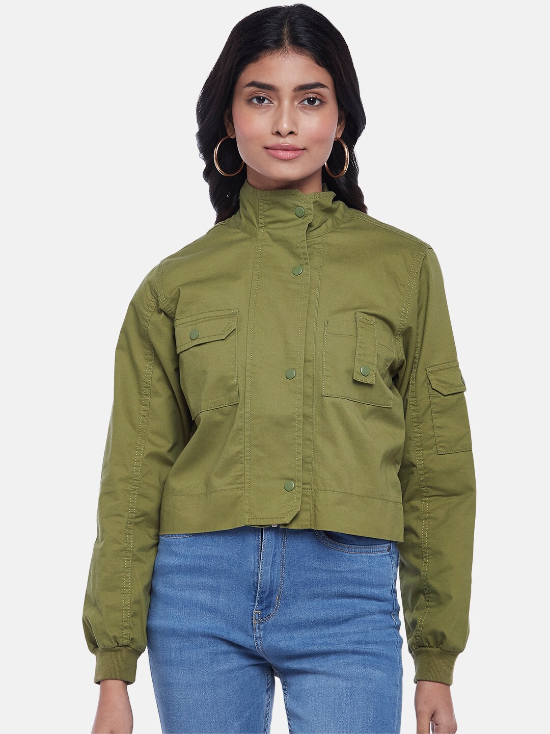 

People Women Olive Green Solid Cotton Bomber Jacket