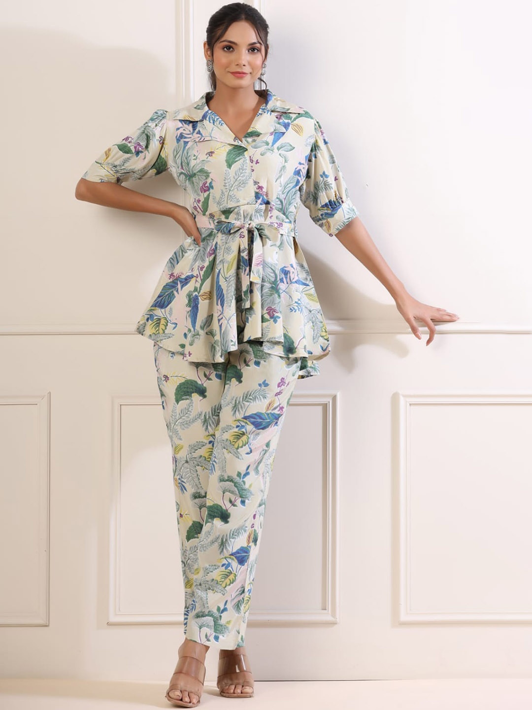 

JISORA Women Off White & Blue Printed Cotton Co-Ords Set