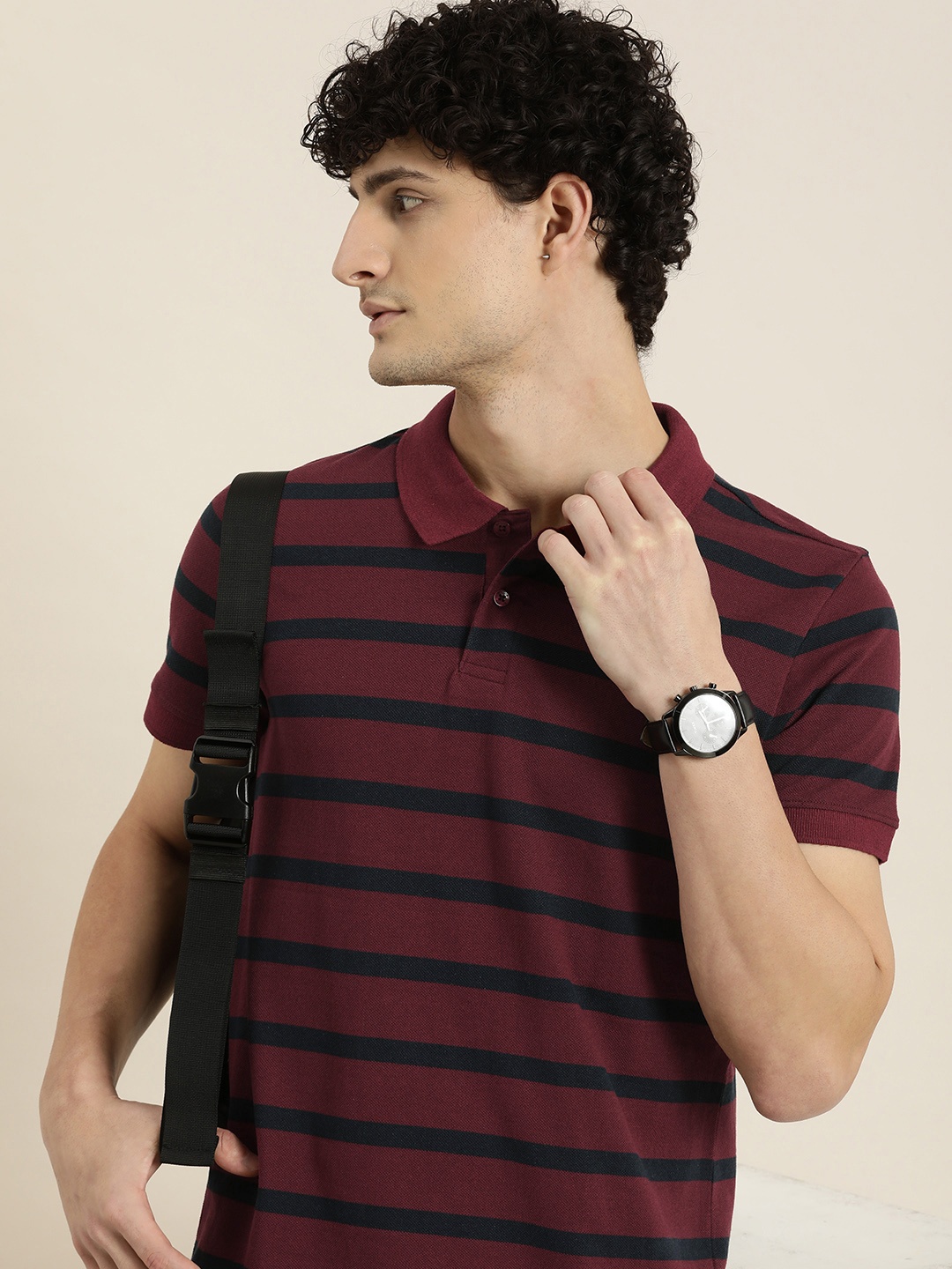 encore by INVICTUS Polo Collar Striped Casual T-shirt, Maroon