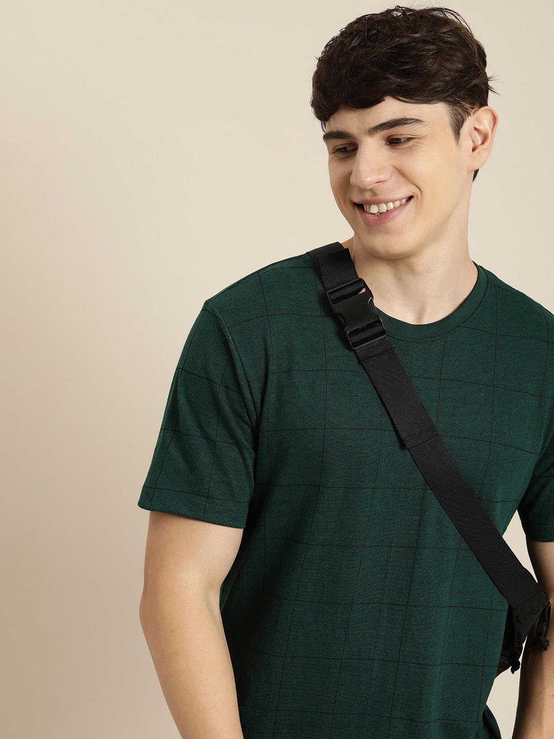 

encore by INVICTUS Checked Round-Neck Casual T-shirt, Green