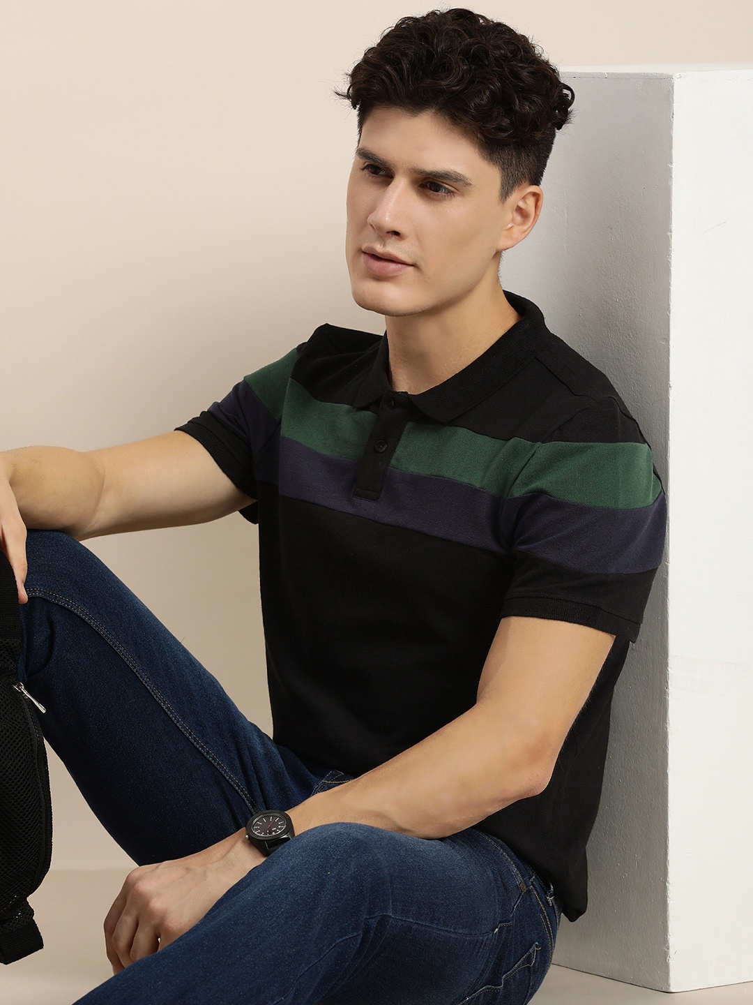 

encore by INVICTUS Men Striped Polo Collar T-shirt, Black