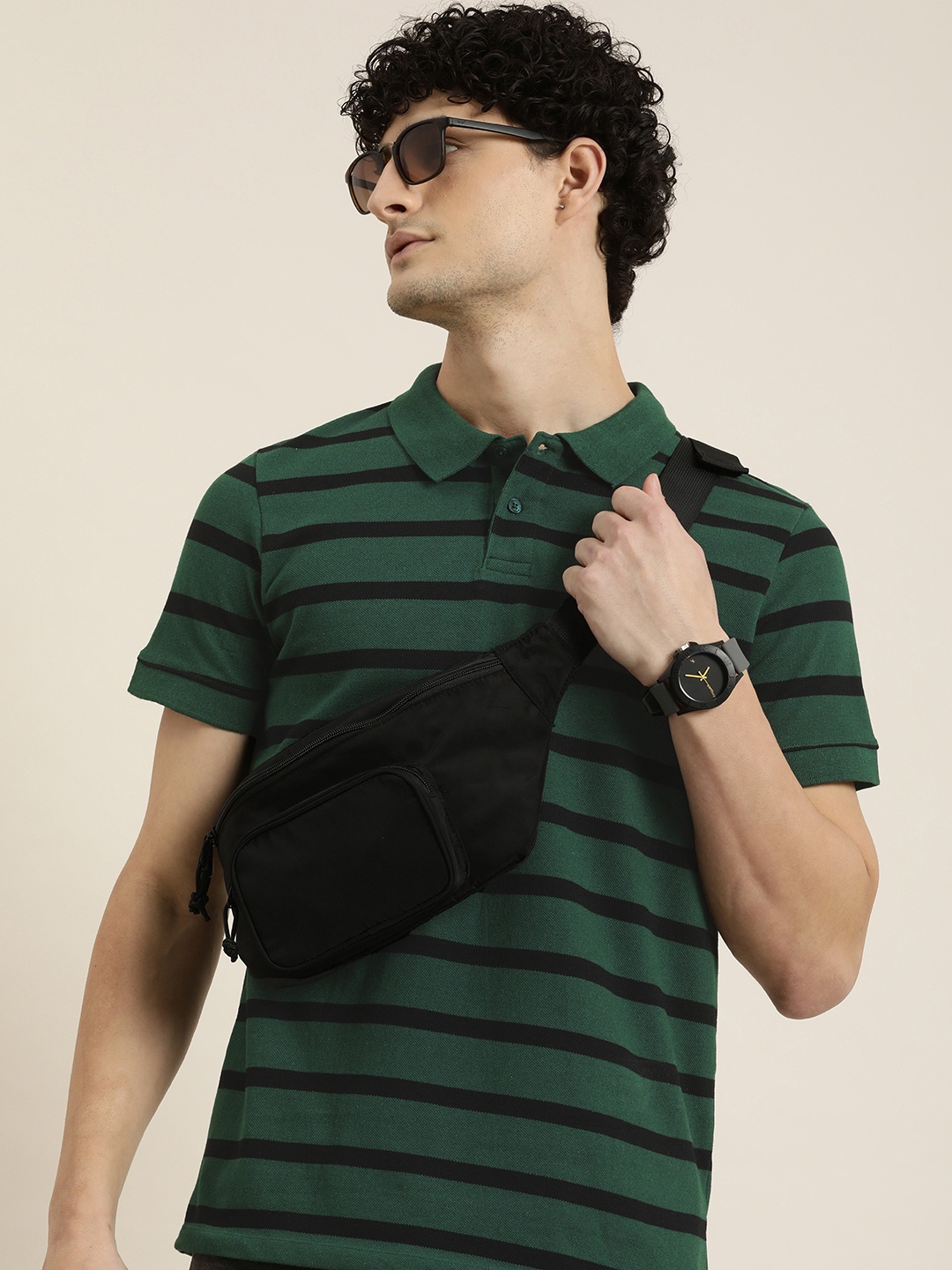 

encore by INVICTUS Polo Collar Striped Casual T-shirt, Green