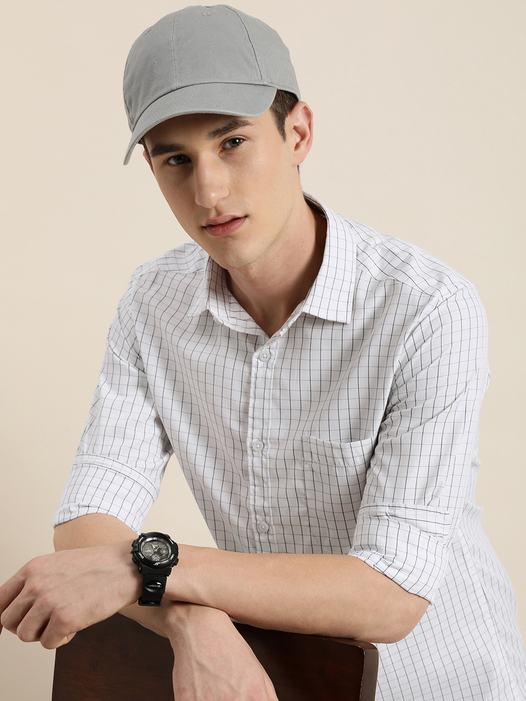 

encore by INVICTUS Men Grid Tattersall Checked Casual Shirt, White