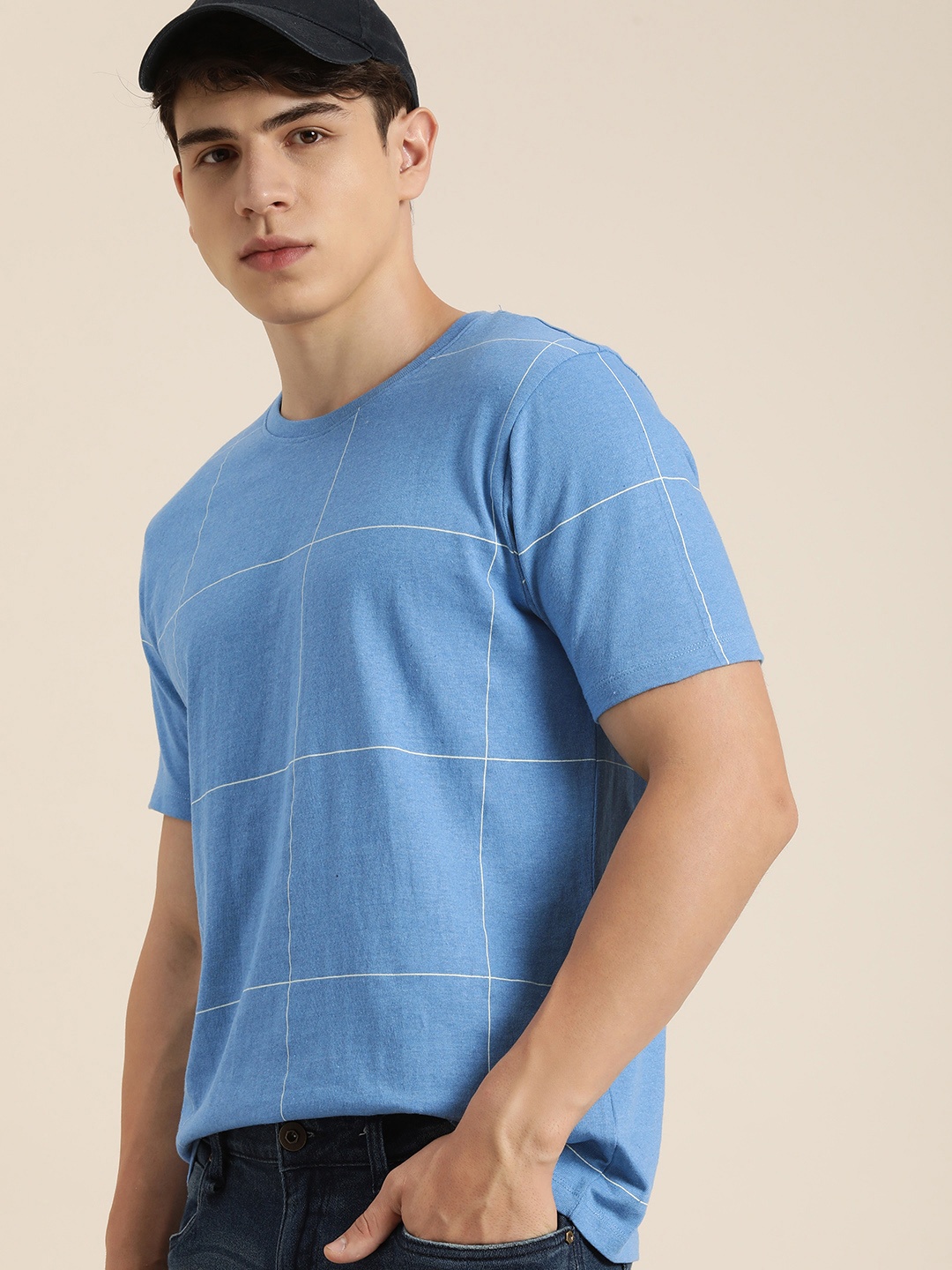 

encore by INVICTUS Round Neck Checked T-shirt, Blue