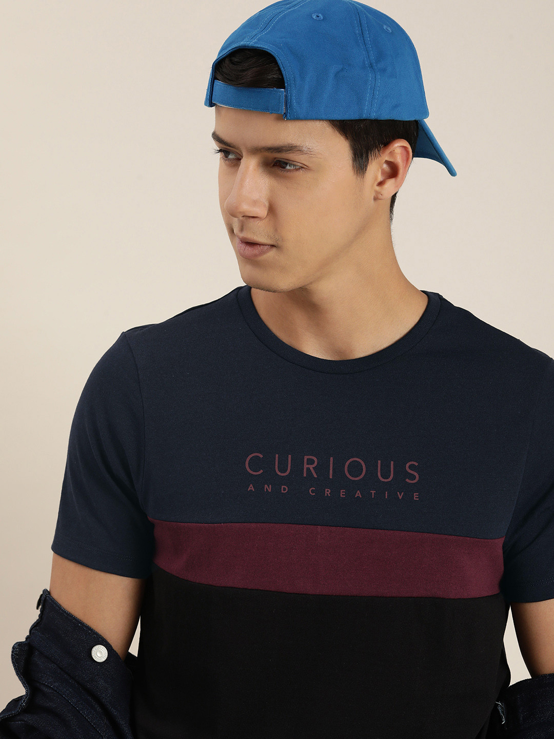 

encore by INVICTUS Men Typography Colourblocked T-shirt, Navy blue