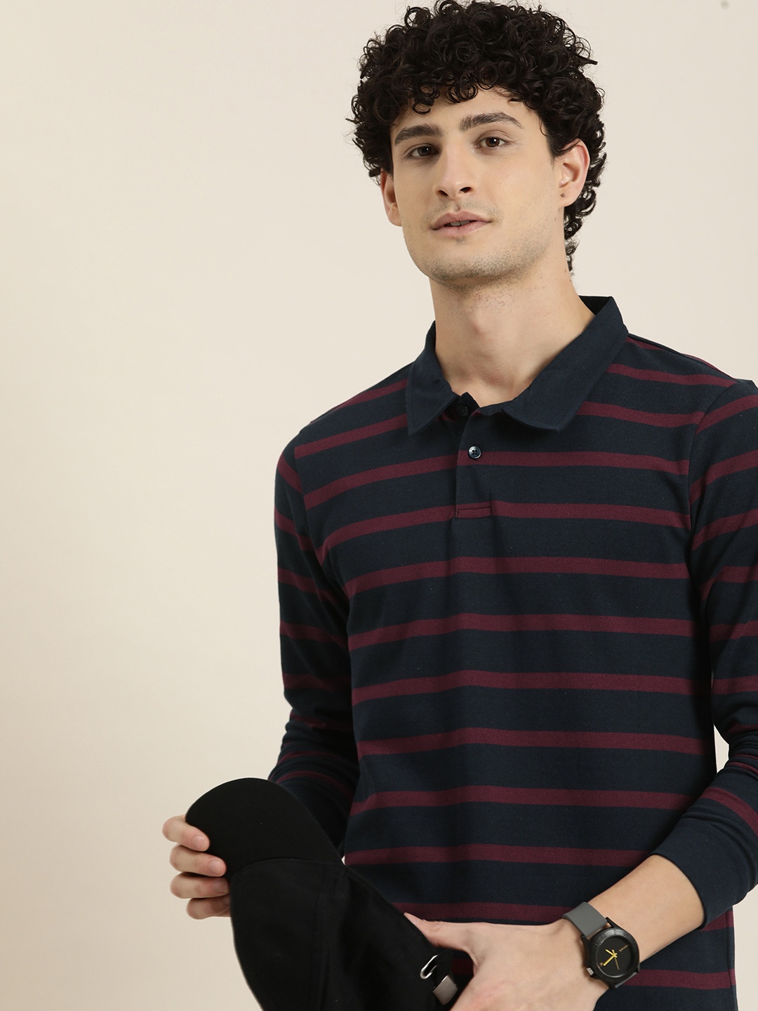 

encore by INVICTUS Polo Collar Striped Casual T-shirt, Navy blue