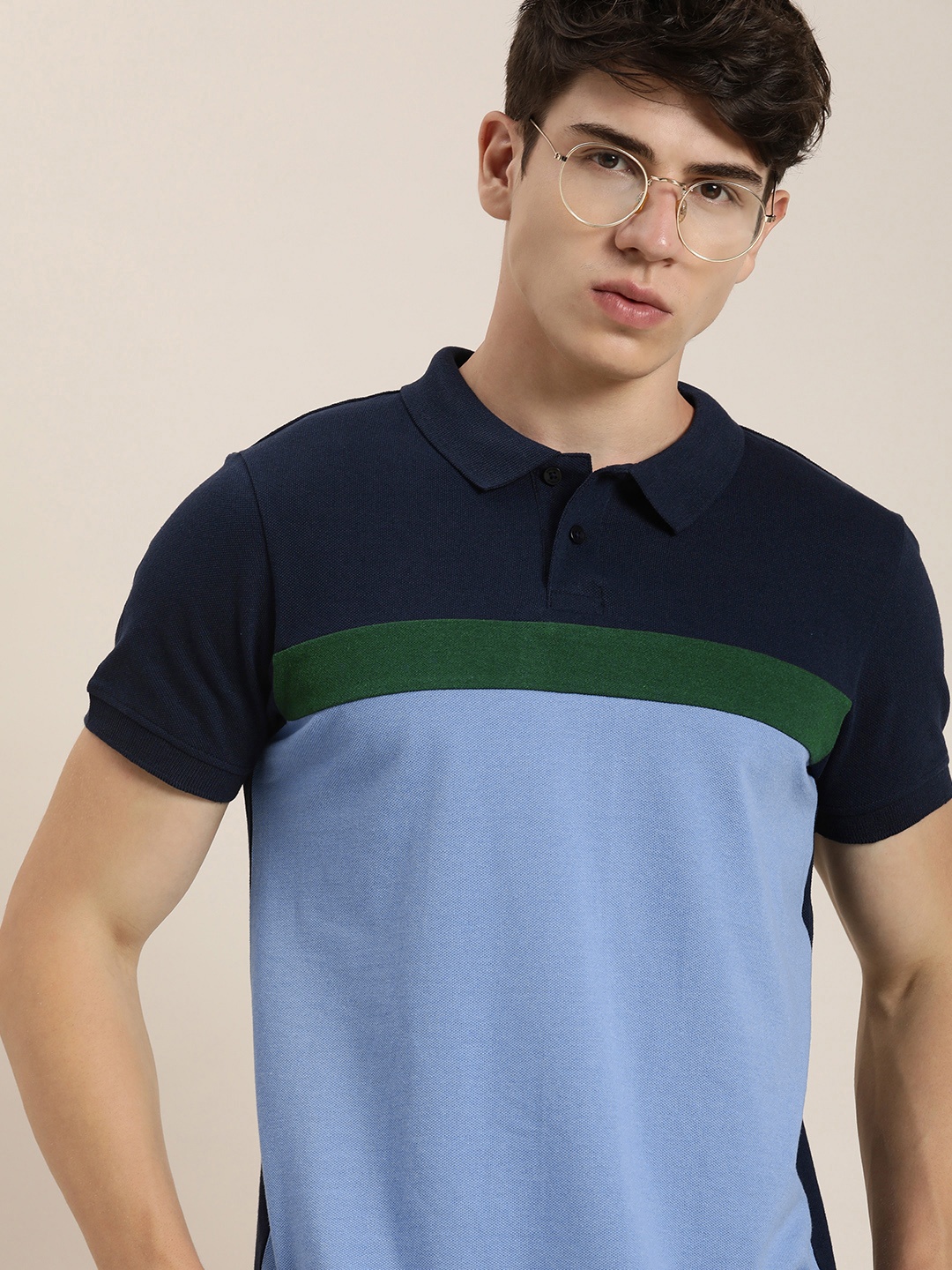 

encore by INVICTUS Men Colourblocked Polo Collar Knitted T-shirt, Navy blue