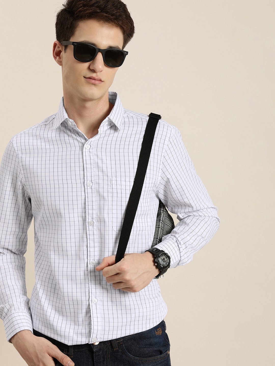 

encore by INVICTUS Men Grid Tattersall Checked Casual Shirt, White