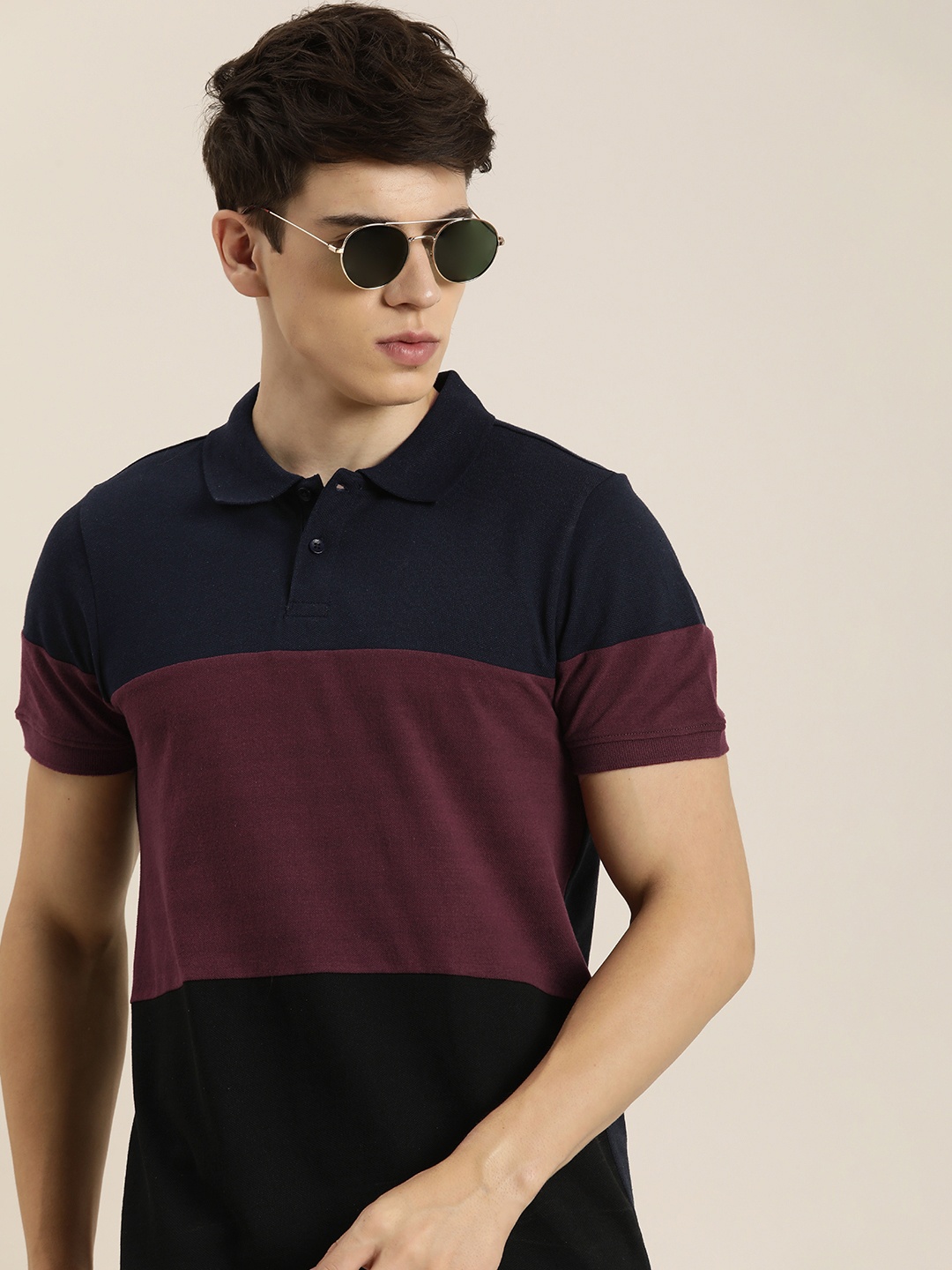 

encore by INVICTUS Colourblocked Polo Collar T-shirt, Navy blue