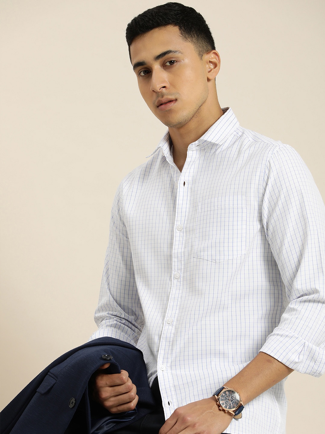 

encore by INVICTUS Men Grid Tattersall Checked Casual Shirt, White