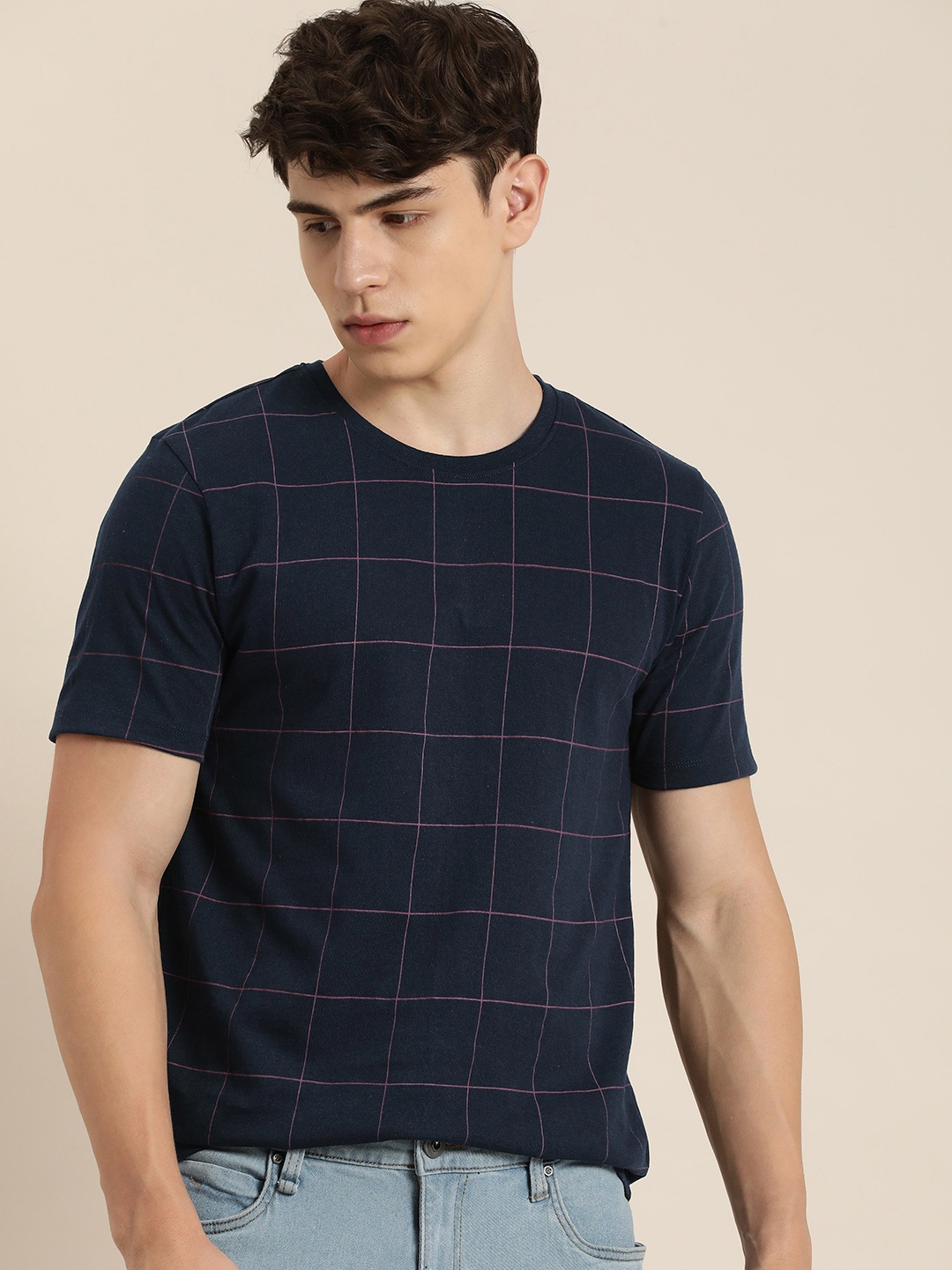 

encore by INVICTUS Round Neck Checked T-shirt, Navy blue