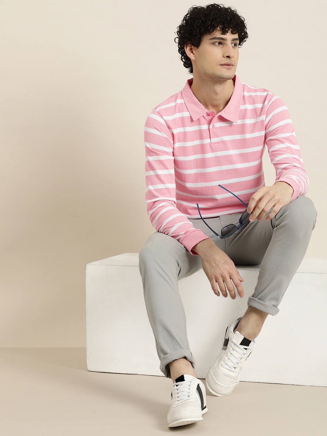 

encore by INVICTUS Polo Collar Striped Casual T-shirt, Pink