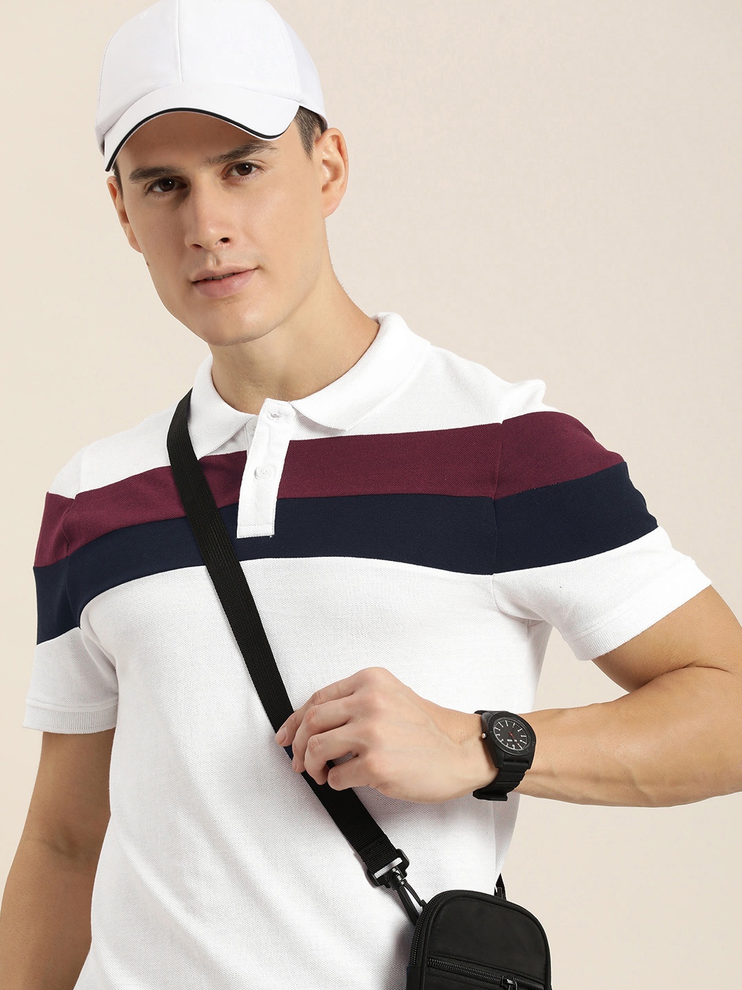 encore by INVICTUS Men Striped Polo Collar T-shirt, White