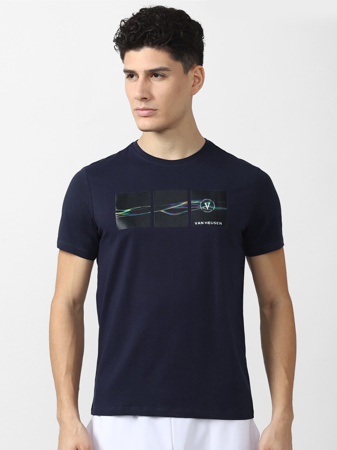 

Van Heusen Flex Men Navy Blue Printed Slim Fit Sports T-shirt