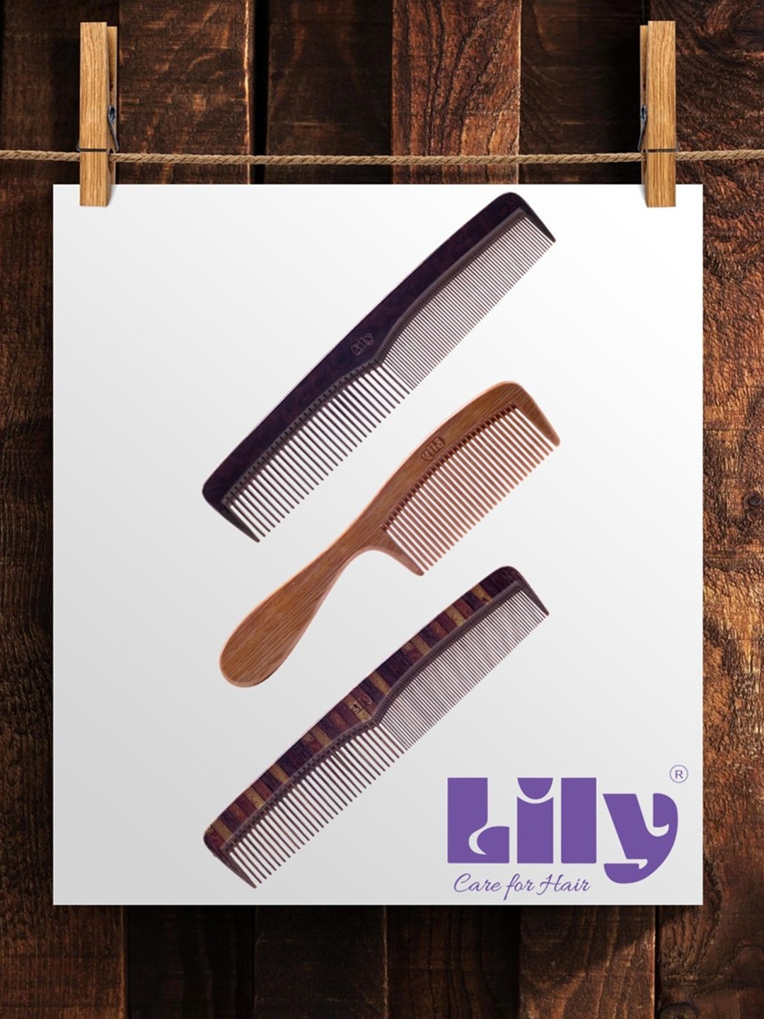 

LILY Set Of 3 Wooden Finished Dressing Hair Brush and Comb, Brown