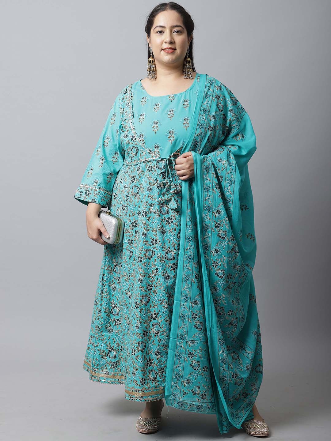 

Rajnandini Women Turquoise Blue Printed Pure Cotton Kurta with Trousers & With Dupatta