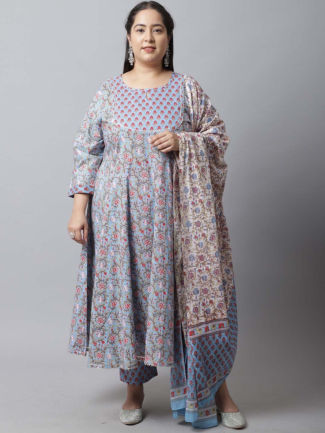 

Rajnandini Women Floral Printed Empire Pure Cotton Kurta with Trousers & With Dupatta, Blue