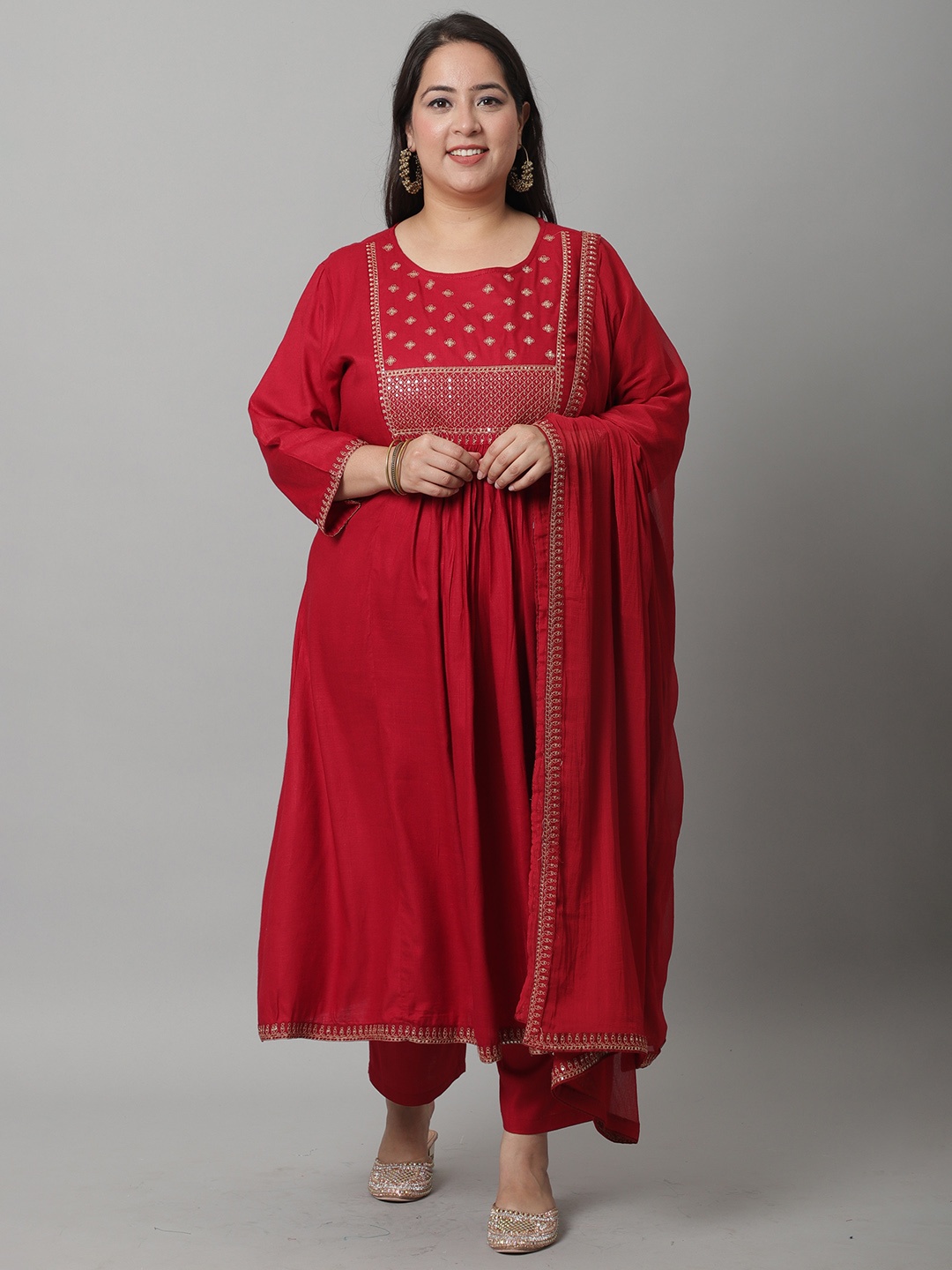 

Rajnandini Women Plus size Embroidered Empire Kurta with Trouser & With Dupatta, Red
