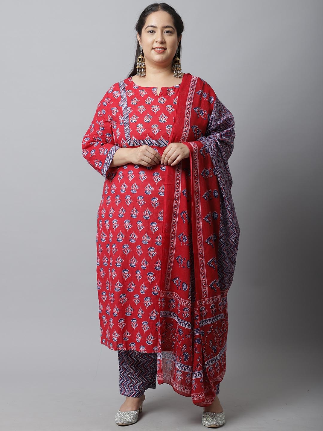

Rajnandini Women Plus Size Floral Embroidered Pure Cotton Kurta With Trousers & Dupatta, Red