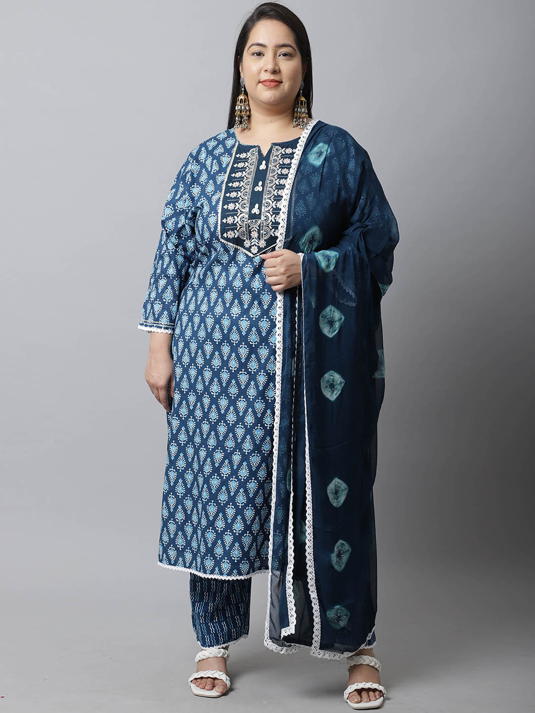 

Rajnandini Women Plus Size Blue Paisley Embroidered Pure Cotton Kurta with Trousers & With Dupatta