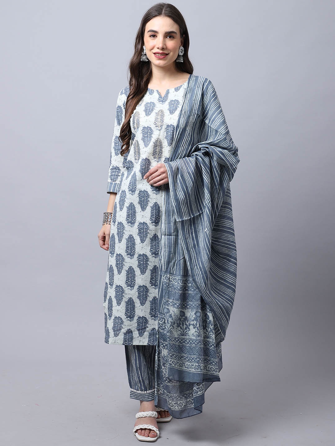 

Rajnandini Women White Paisley Printed Pure Cotton Kurta with Trousers & With Dupatta