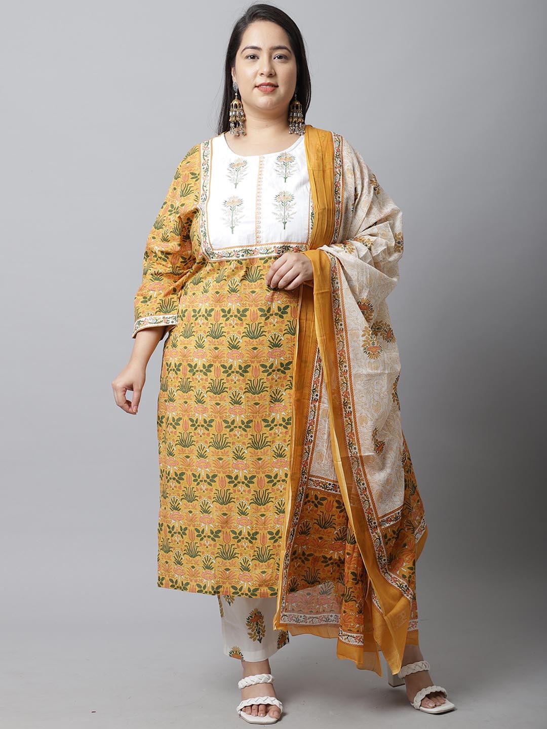 

Rajnandini Women Plus Size Mustard Yellow Floral Embroidered Pure Cotton Kurta with Trousers & With Dupatta