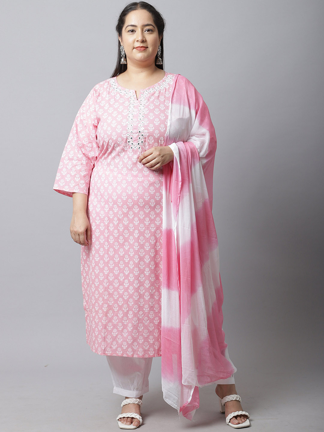 

Rajnandini Women Plus Size Embroidered Mirror Work Cotton Kurta with Trouser & Dupatta, Pink