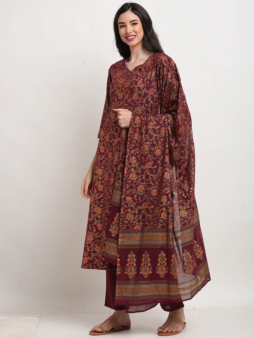 

Rajnandini Women Floral Printed Angrakha Kurta with Trousers & With Dupatta, Maroon