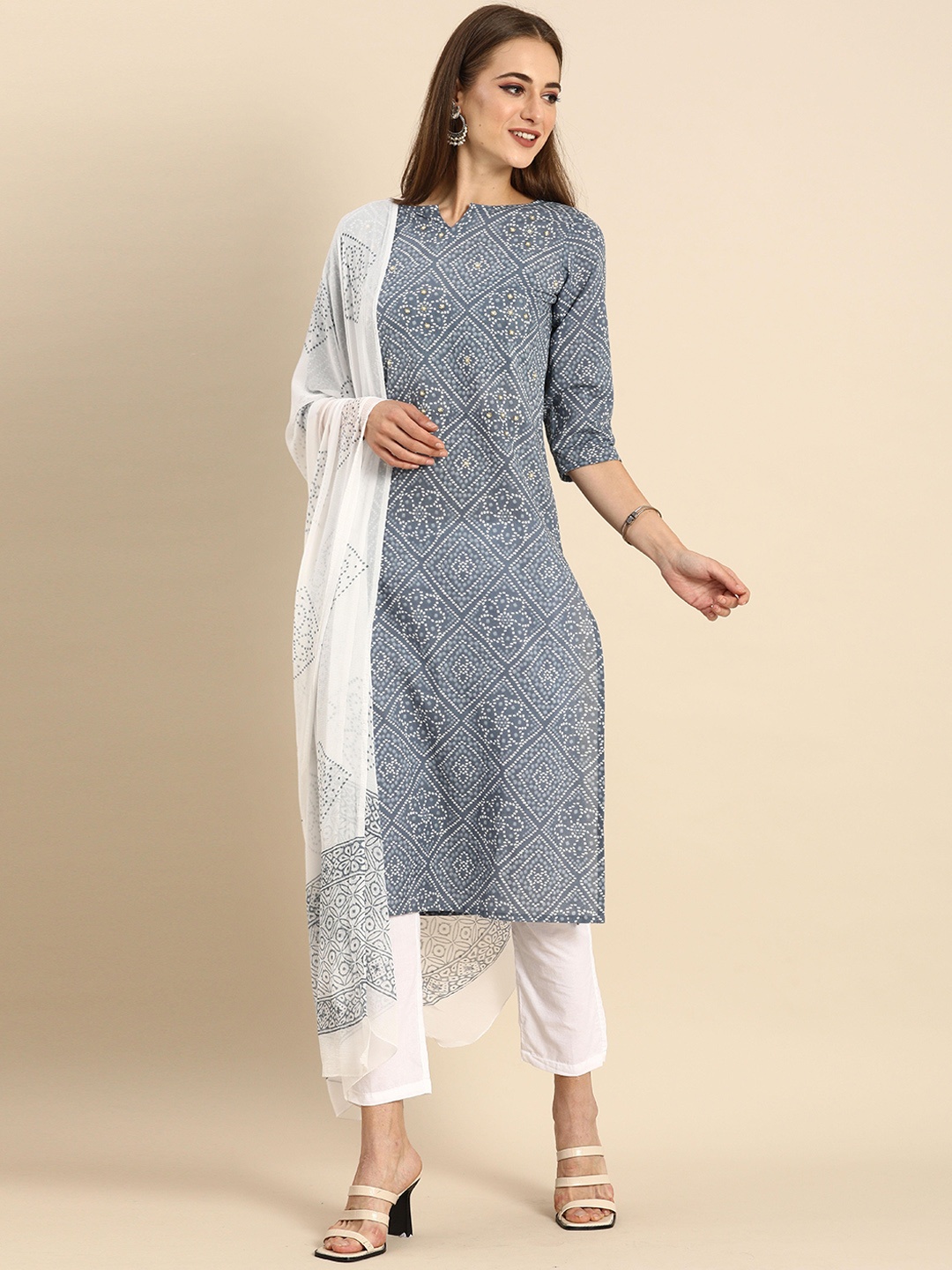 

Rajnandini Women Plus size Printed Pure Cotton Kurta with Trouser & With Dupatta, Grey