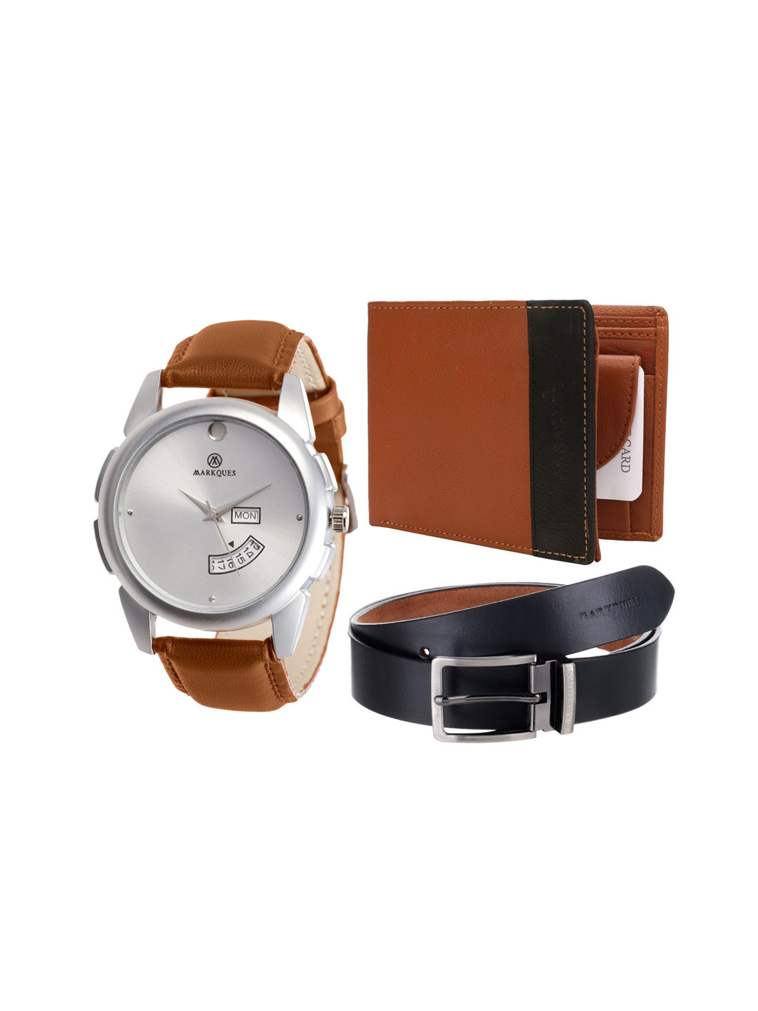 

MARKQUES Men Tan & Black Leather Accessory Gift Set STV-770904-TRB-0401-EXE-01-Multi