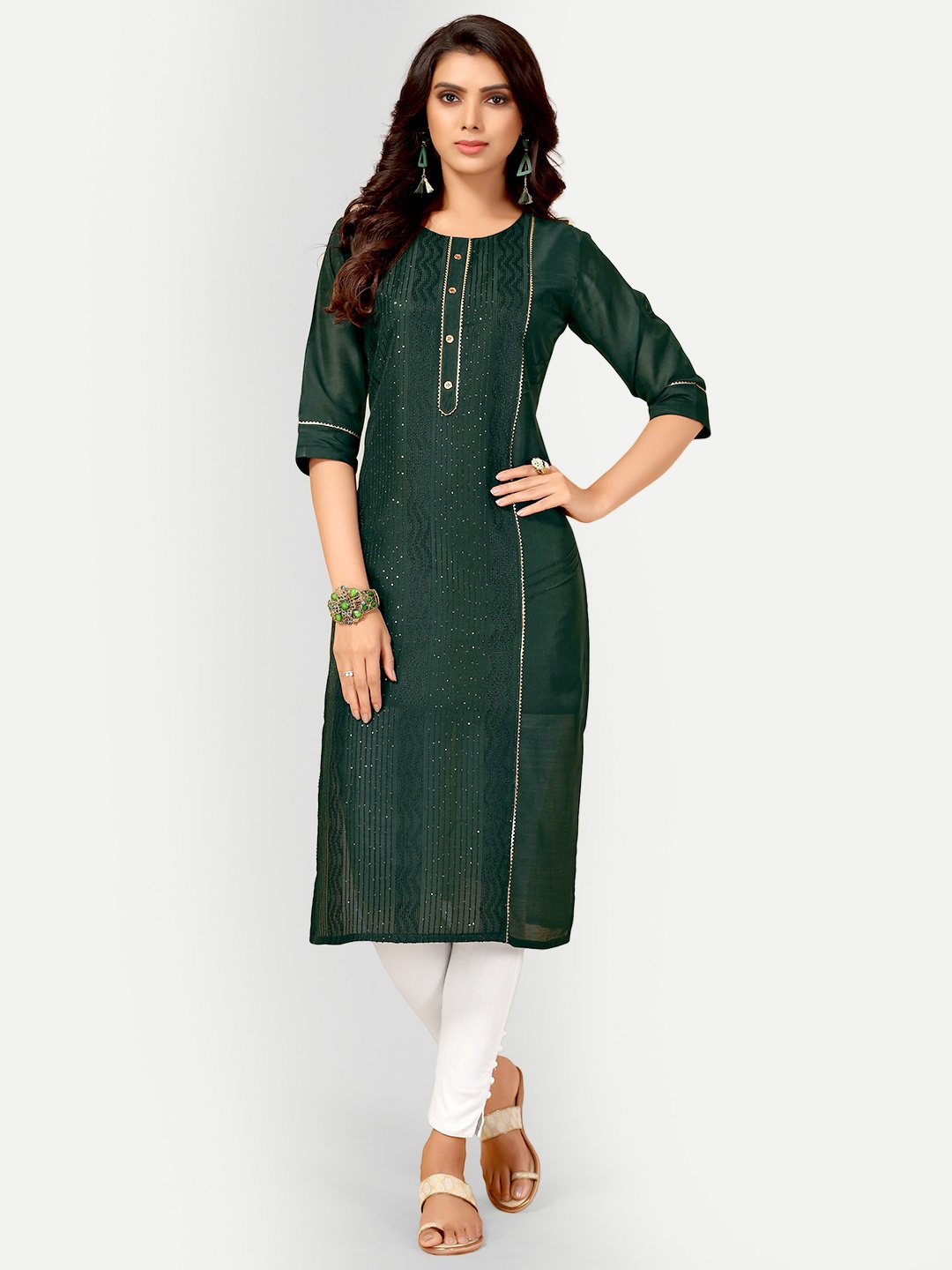 

AA-HA Women Green Embroidered Cotton Straight Kurta