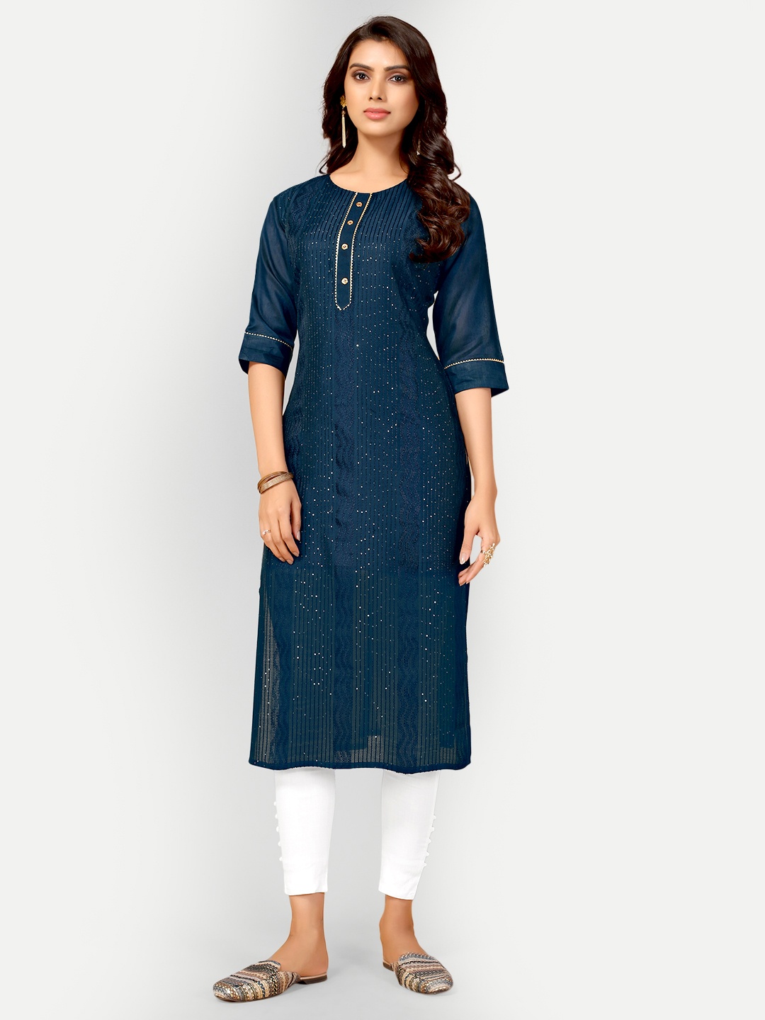 

AA-HA Women Striped Thread Work Kurta, Navy blue