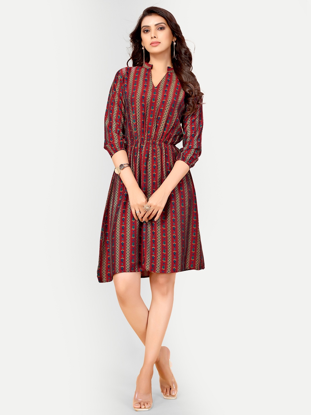 

AA-HA Women Maroon & Blue Viscose Rayon Mandarin Collar Printed Tunic
