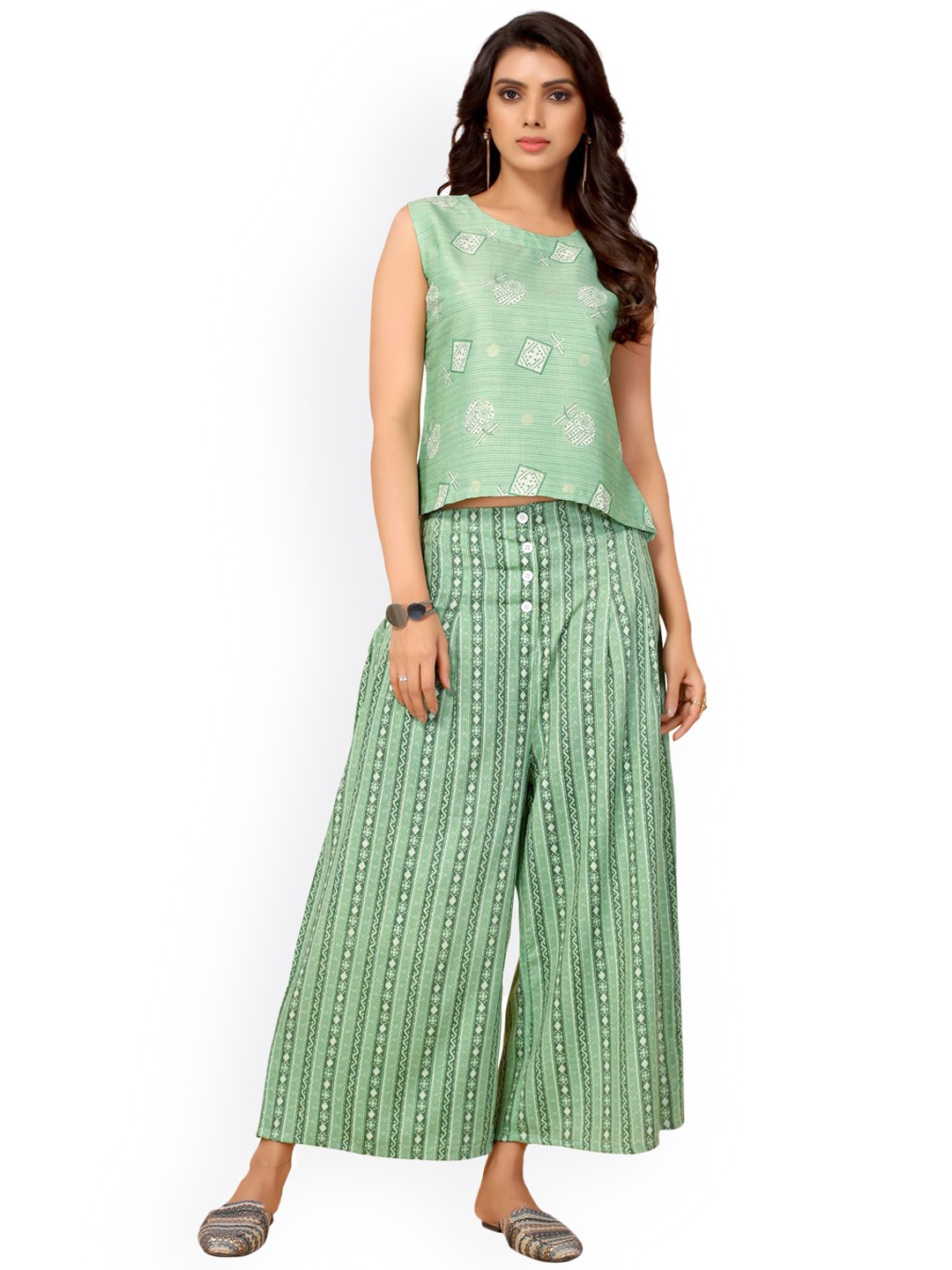 

AA-HA Women Ethnic Motifs Printed Top with Palazzo Set, Green