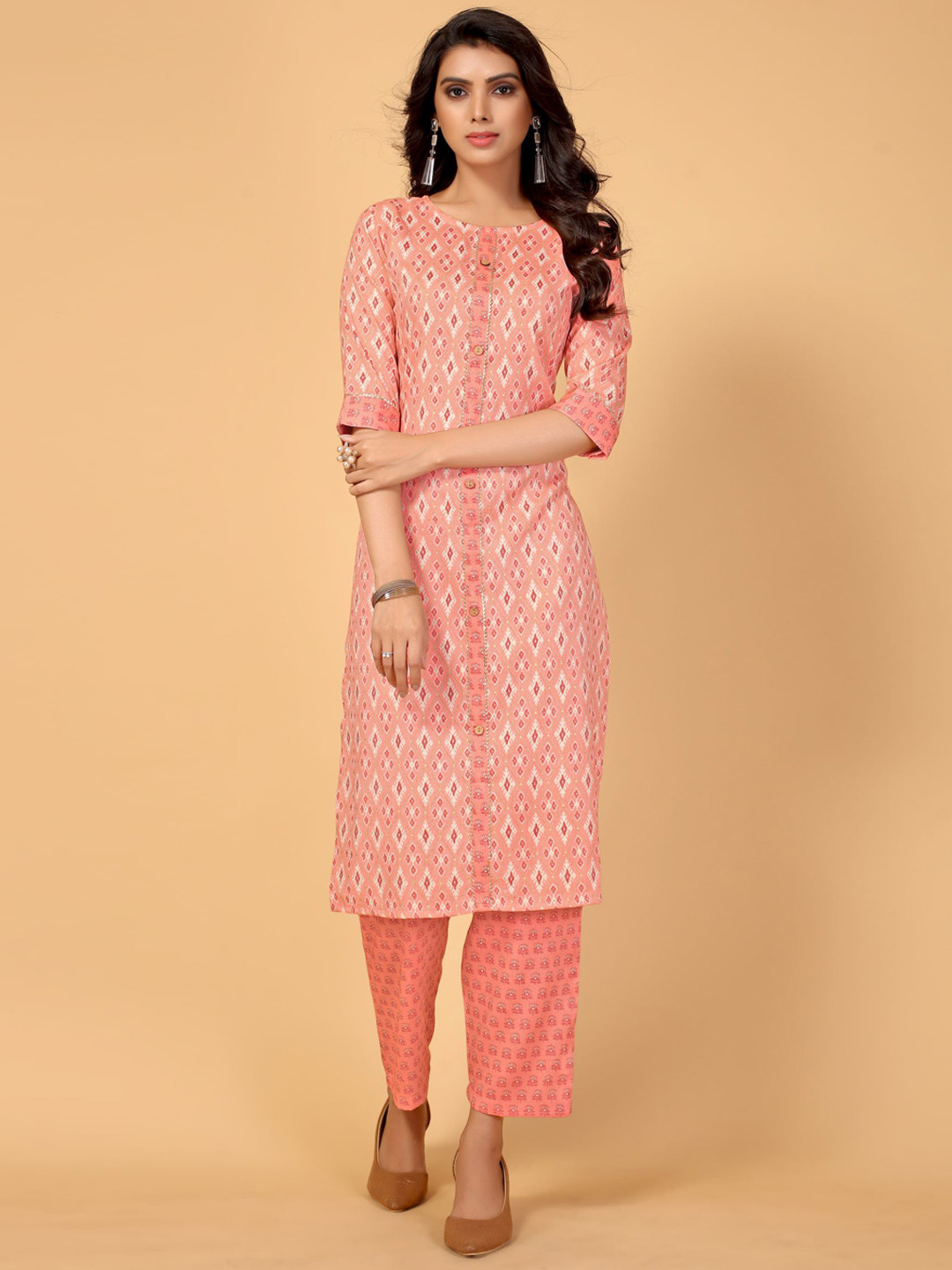 

AA-HA Women Peach Ethnic Motifs Printed Kurti with Palazzos
