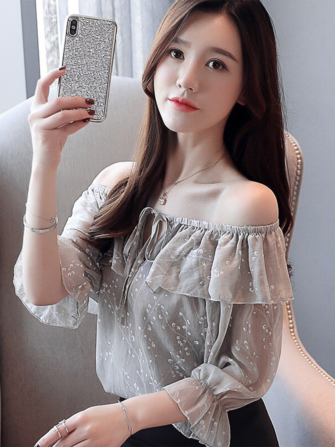 

La Aimee Beautiful Grey Self-Design Top