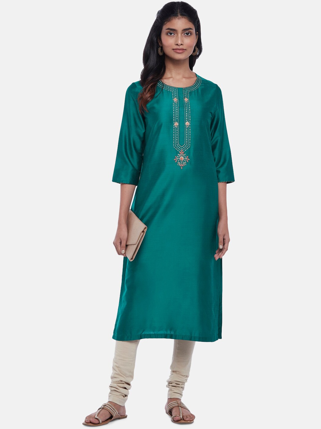 

RANGMANCH BY PANTALOONS Women Teal Gotta Patti Round Sleeves Kurta