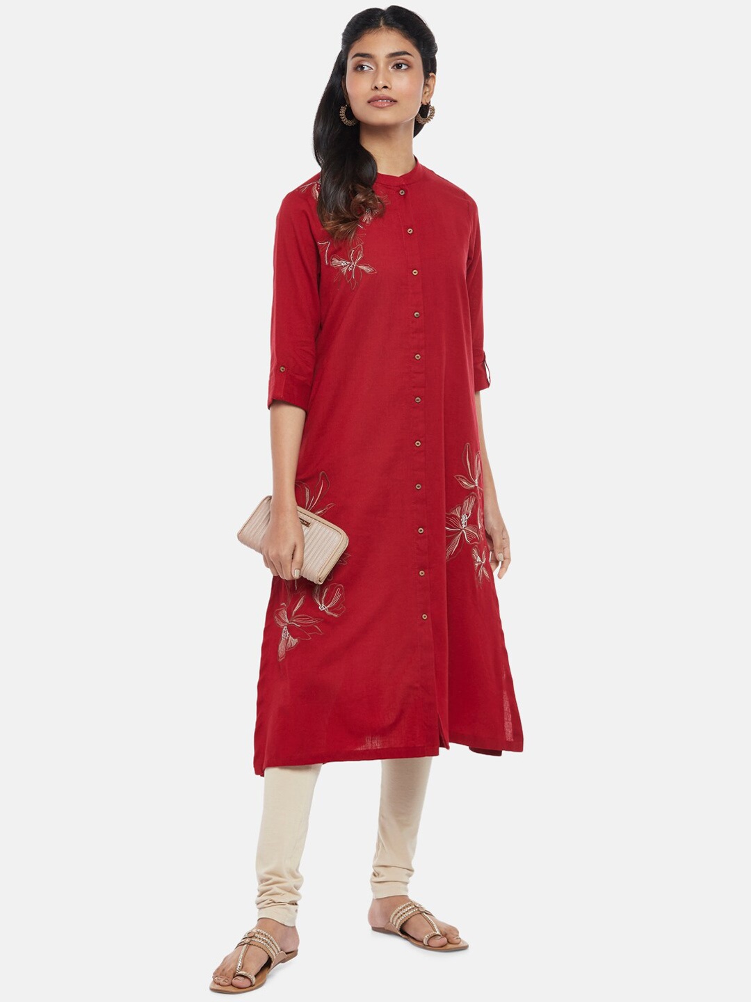 

RANGMANCH BY PANTALOONS Women Red Floral Embroidered Thread Work Cotton Kurta