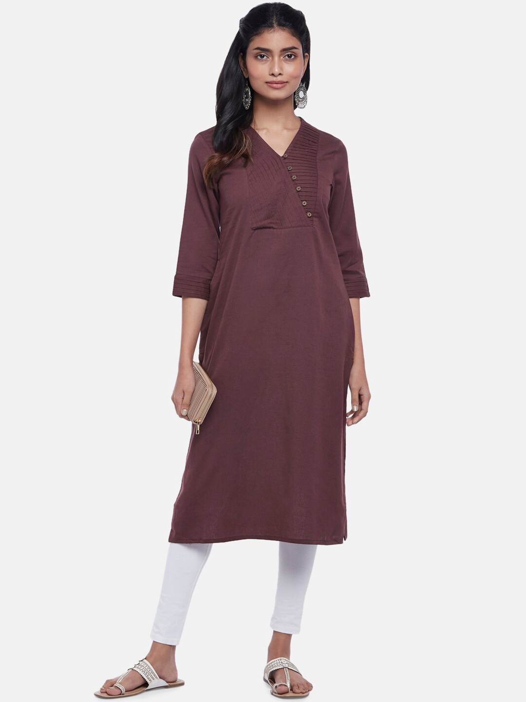 

RANGMANCH BY PANTALOONS Women Burgundy V-Neck Cotton Kurta