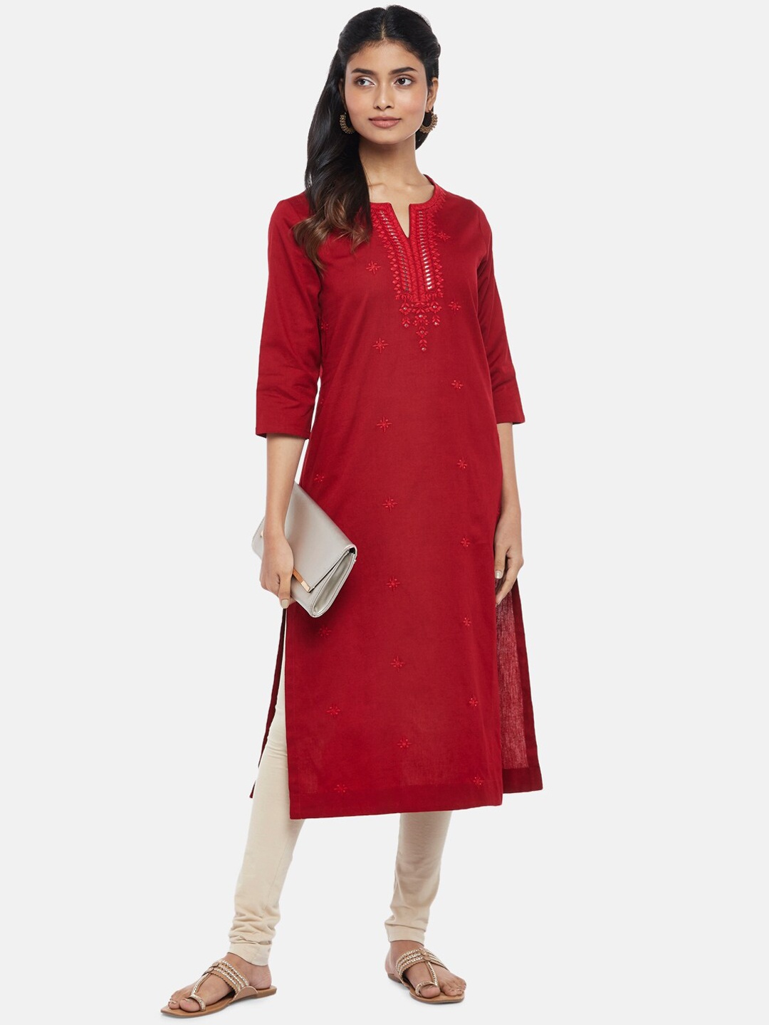 

RANGMANCH BY PANTALOONS Women Red Floral Embroidered Thread Work Cotton Kurta