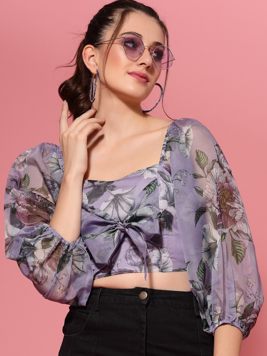 

KASSUALLY Purple Floral Print Crop Top