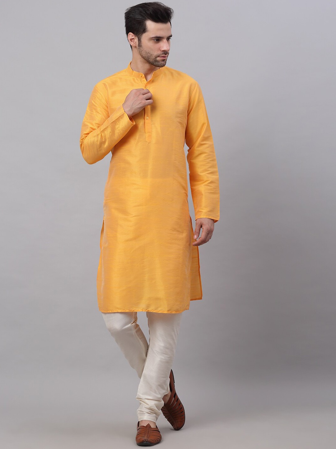 

Jompers Men Mustard Yellow Dupion Silk Kurta with Churidar
