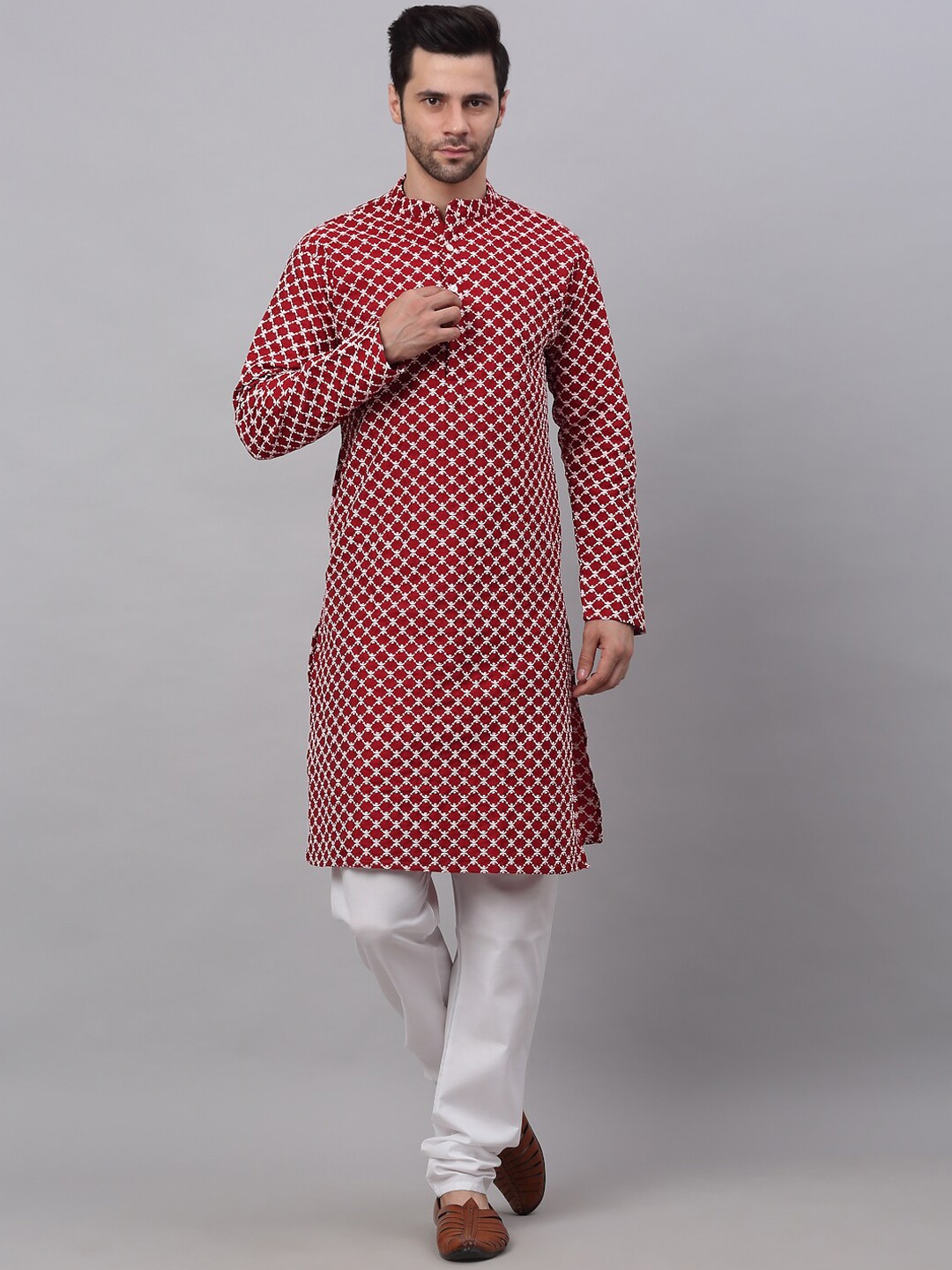 

Jompers Men Embroidered Chikankari Dupion Silk Kurta with Churidar, Maroon