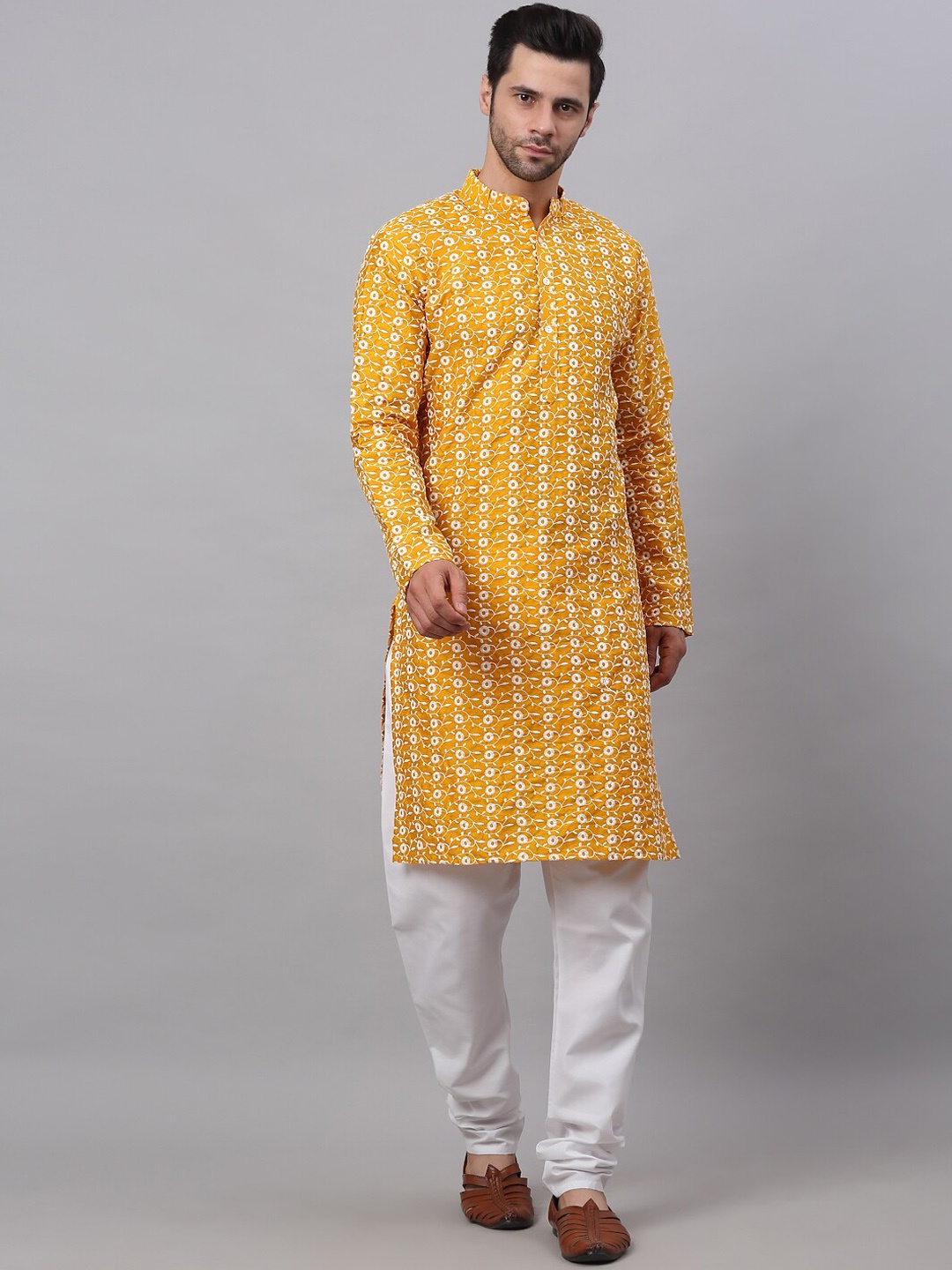 

Jompers Men Floral Embroidered Thread Work Kurta with Churidar, Mustard