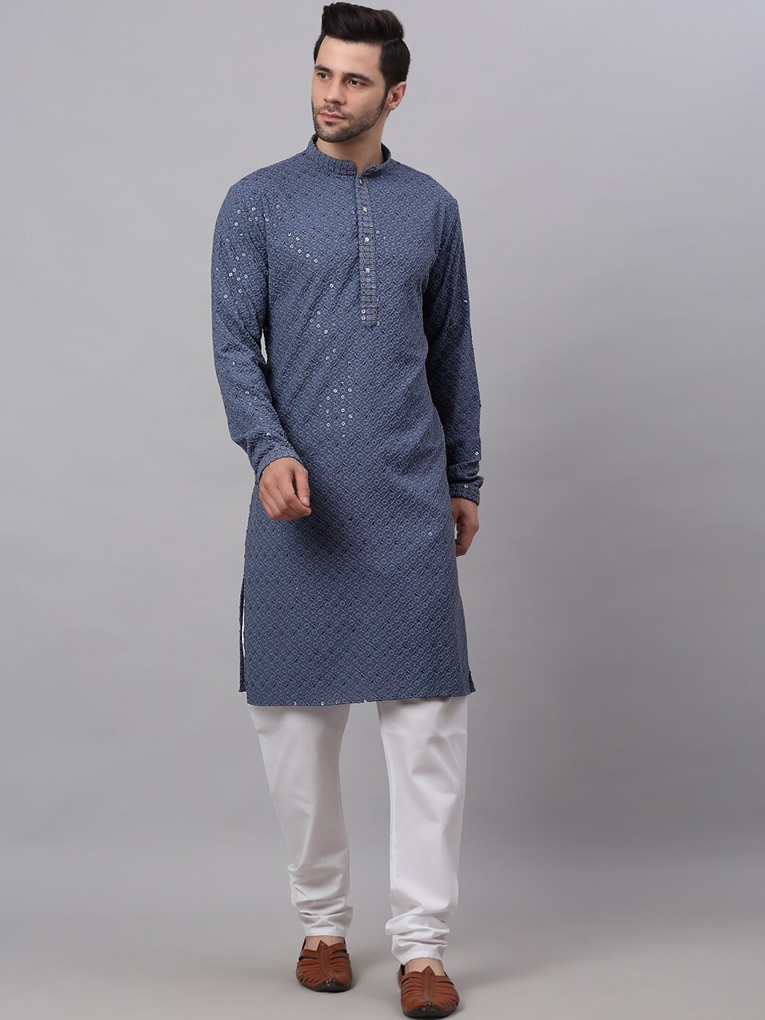 

Jompers Men Floral Embroidered Chikankari Pure Cotton Kurta with Churidar, Grey